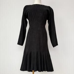 Vintage 80s Witchy Vakko Black Suede Beaded LBD Dress Size 8 Goth Open Back